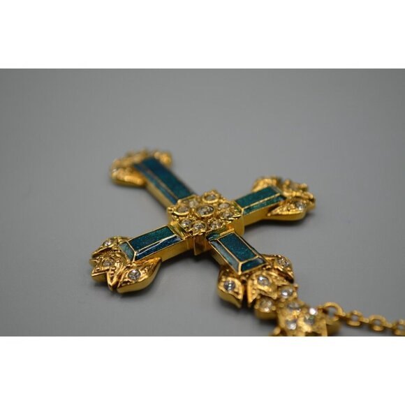 Ciro Thailand Gold Tone Cross Pendant Necklace w/ Green Inlay 19" Chain - Picture 8 of 9